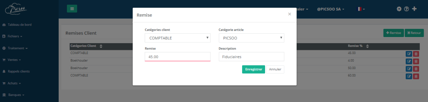 Écran Picsoo : Gestion des tarifs